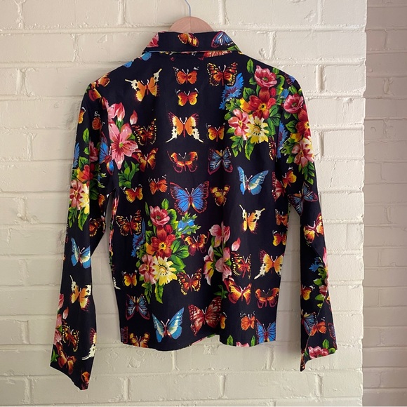 Take Two 90s Y2k Butterfly Sequins Button Up Black Long Sleeve Shirt Size S - Picture 2 of 9